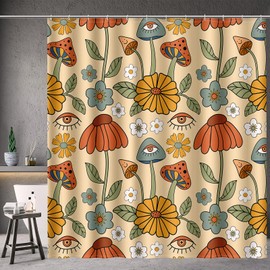Aimego Boho Mushroom Floral Shower Curtains - 70s Retro Bohemian Yellow Orange Flowers Eyes Bath Shower Curtain Set with 12 Hooks for Adults Bathroom Decor Accessories, 72"x72"