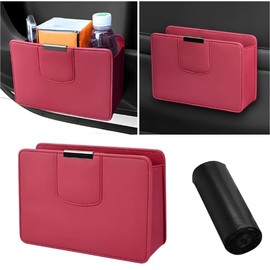 TSUGAMI Car Door Trash Can, PU Leather Car Garbage Bin, Universal Vehicle Mini Leakproof Garbage Can Bin, Portable Foldable Vehicle Interior Hanging Dustbin Accessories for SUV, Truck, RV(Burgundy)