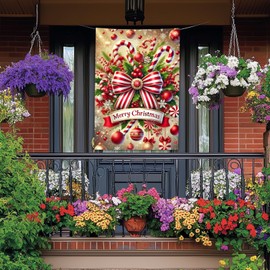 BlissYard Merry Christmas House Flag 28 x 40 Inch Double Sided Garden Flag with Candy Canes Red Bow and Ornaments for Holiday Yard Banner Porch Outdoor Decor