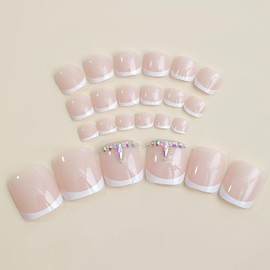 White French Tip Toe Nails Press on Short Toe Nail Tips for Acrylic Toe Nail Press ons Rhinestones Fake Toenails Nude Pink Full Cover Glue on Toenails for Women 24 Pcs