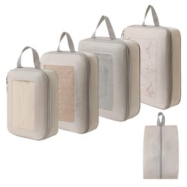 Miaglury 5 Set Compression Packing Cubes, Travel Packing Cubes for Suitcases Backpack, Expandable Travel Cubes & Compression Suitcase Organizers Bag Set with Shoes Bag for Carry On Luggage, Beige