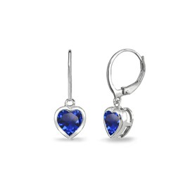 Valentines Day Earrings for Women 6mm Bezel Heart Simulated Gemstone Sterling Silver Dainty Leverback Blue Sapphire Dangle Earring