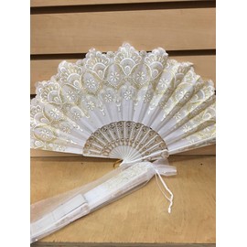 Spanish Style White and Gold Glitter Hand Fan for wedding Outdoor Event with Organza Gift Bag/Table Setting/Wall Decoration/
