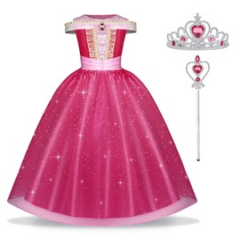 URAQT Aurora Girls' Princess Dress, 3-Piece Sleeping Beauty Children's Girls Costume Set with Crowns, Wand Accessories, Rose Red Lace Princess Dress for Carnival, Christmas, Theme Party, Cosplay 140