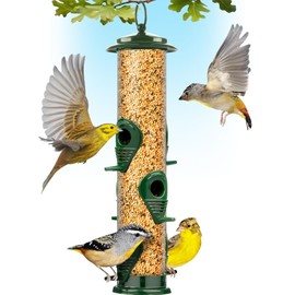 Bird Feeders for Outdoors (Green) Squirrel Proof Hanging Bird Feeder with Locking Lid & Adjustable Hanger, Chew-Proof, Weather Resistant 15 Inches 6 Port