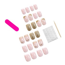 White French Tips Press on Nails Short Square Fake Nails with Leaves Gold Stripe Design Full Cover Glitter Glossy Acrylic False Nails Stick on Nails Spring Summer Cute Glue on Nails for Women 24Pcs