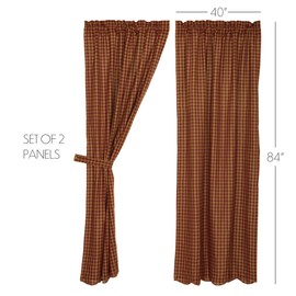 VHC Brands Burgundy Check Primitive 84"x40" Panel Pair Red Rod Pocket Cotton Tie Back(s) Window Curtains