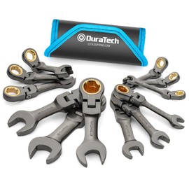 DURATECH 12-Piece Anti-Slip Flex-Head Ratcheting Wrench Set, Stubby Combination Wrench Set, Metric, 8-19mm, 72-Teeth, CR-V Steel, Nickel Plated with Pouch