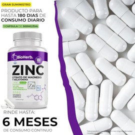 BioHerb® | Zinc y Magnesio con Melatonina, Fórmula de Bienestar y Relajación Natural con 180 Cápsulas de 500 mg (Suministro Para 6 Meses) Gluconato de