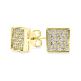 Geometric Square Shaped Cubic Zirconia Micro Pave CZ Stud Earrings For Men For Women Gold Plated Sterling Silver 8MM