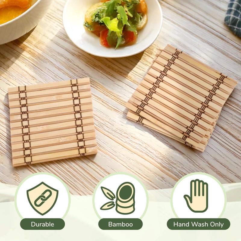 BambooMN Premium Bamboo Slat Coasters - 4.25" x 4.25" -