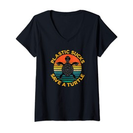 Womens Plastic Sucks Save A Turtle V-Neck T-Shirt