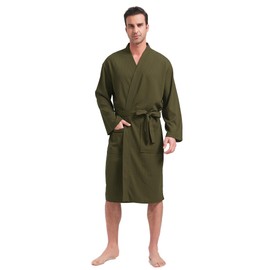 FashGudim Mens Lightweight Waffle Knit Robe Soft Kimono Spa Bathrobes Knee Length Summer Robes (Army Green,SM)