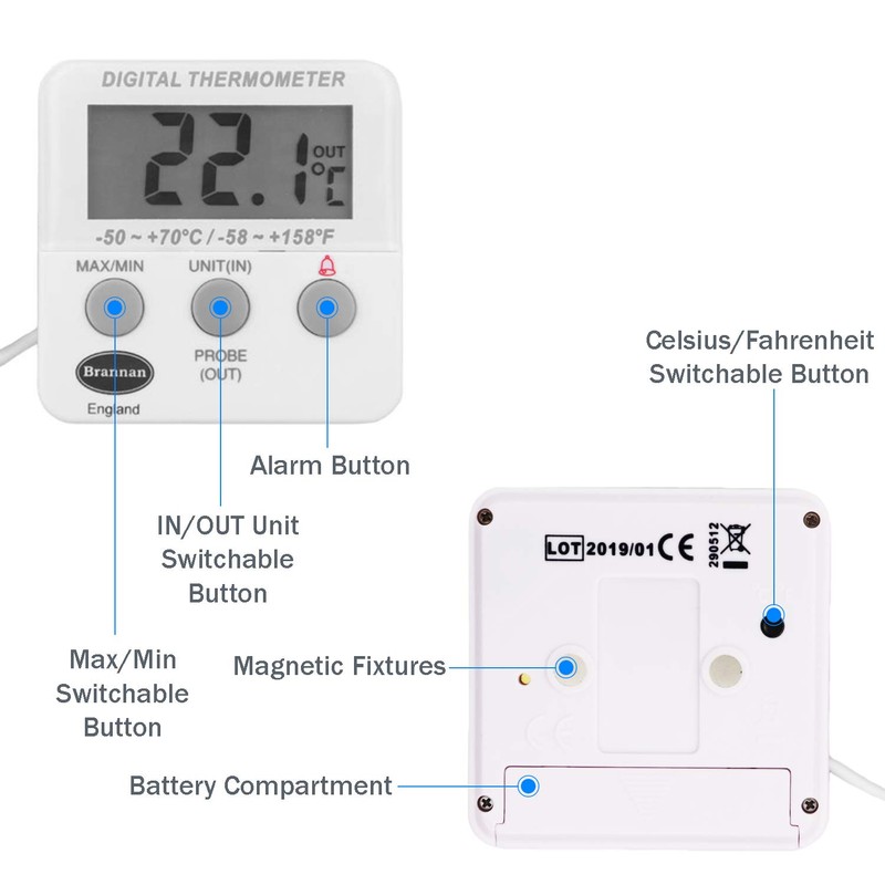 Brannan Calibrated Digital Fridge Freezer Thermometer With Probe and 2