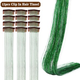 12Pcs Hair Tinsel Clip in Extensions, Hair Tinsel Clip in Extensions for Women and Kids - Sparkling Hair Accessories, Easy to Apply, Perfect for Parties and Special Occasions(Fluorescent Green)