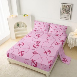 QOOMO Cute Pink Anchor Nautical Sail Sheet Set,Sail Boat Anchor Printed Bedding Sets for Kids Teens Room Decor,Nautical Themed Stripe Queen Size 1 Fitted Sheet,1 Flat Sheet,2 Pillow Cases