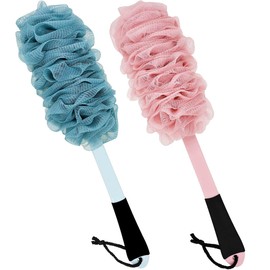 Jxicleang 2 Pack Back Scrubber for Shower, Back Loofah with Non-slip Handle, Shower Loofah with Handle, Soft Loofah Sponge for Men Women Elderly Kids (2 Pack=Blue and Pink)