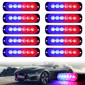 10pcs LED Emergency Strobe Light, XTAUTO 6-LED Ultra Slim Surface Mount Flashing Warning Beacon Hazard Construction Caution Grille Light Bar for Truck Car Off Road Vehicles SUV ATV (Red Blue)