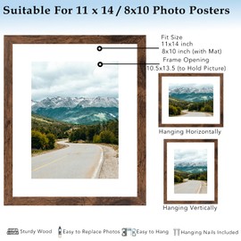 QOTIB 11x14 Picture Frame with 8x10 Mat Deep Brown, Display 8x10 with Mat or 11x14 Without Mat, Wood 11 by 14 Photo Frame, 11 x 14 Frame for Wall Hanging Display, Deep Brown