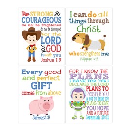 Toy Story Christian Nursery Decor Set of 4 Unframed Prints - Woody, Buzz Lightyear, Slinky Dog and Hamm with Bible Verses