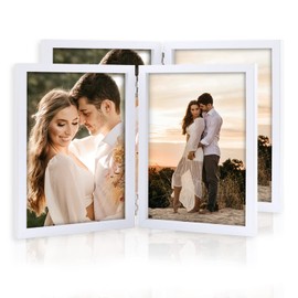 ORIVAN 2 Pack 5x7 Double Picture Frames Hinged Folding Photo Frames with Glass Vertical Stand Frames (White)