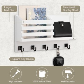 Lucundm Key Holder Wall Mount, Mail Organizer for Wall with 5 Square Rustic Key Hooks Key Shelf Farmhouse Home Decor for Entryway
