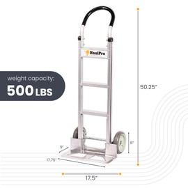 HaulPro Heavy Duty Aluminum Hand Truck - 8" Wheels with Horizontal Loop Handle and 500 lbs Load Capacity | 50.25" High, 17.5" Wide and 17.75" x 9" Diecast Nose Plate