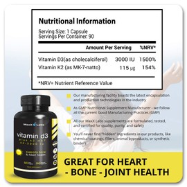 MaxX Labs Vitamin D3 K2 3000 IU - with Vitamin K as MK-7 from Natto - High Potency Vitamin D Supplement Support Healthy Bones, Teeth, Heart & Immune Function - Vitamin D3 K2 Supplement Gluten-Free - 90 Capsules