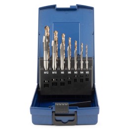 GSR HSSE Machine Tap Set Silver 14 Pieces + HSSE Core Hole Spiral Drill Bit DIN 2184-1 (DIN 371/376), Form B, Metric Thread M3-M12, in Sturdy Cassette