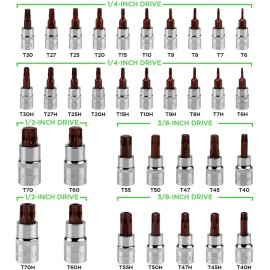 SWANLAKE GARDEN TOOLS 34PCS Master TORX Bit Socket Set,S2 Alloy Steel,Solid Star & Tamper Proof T6~T70