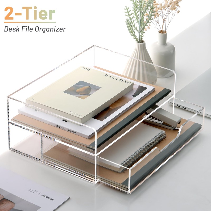 SANRUI 2-Tier Paper Letter Tray Organizer with Sliding Drawer,Stackable Desk