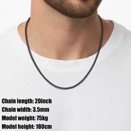 Fiusem 3.5mm Black Chain for Men, Black Cuban Link Chain Necklace for Men and Women, Stainless Steel Cuban Necklace 22 Inch