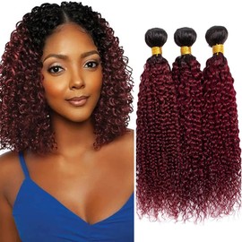 Burgundy Curly Human Hair Bundles Ombre Red Curly Wave Bundles 20 22 24 Inch Unprocessed Remy Hair Extensions 1B99J Bundle Hair Weave Tangle Free Daily Wear