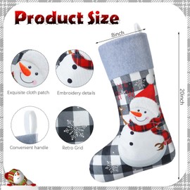 Realspring 6 Pack Christmas Stockings Bulk 20" Large Embroidered Gray Burlap Buffalo Plaid Hanging Stockings Farmhouse Santa Xmas Fireplace Hanging for Family Christmas Decor