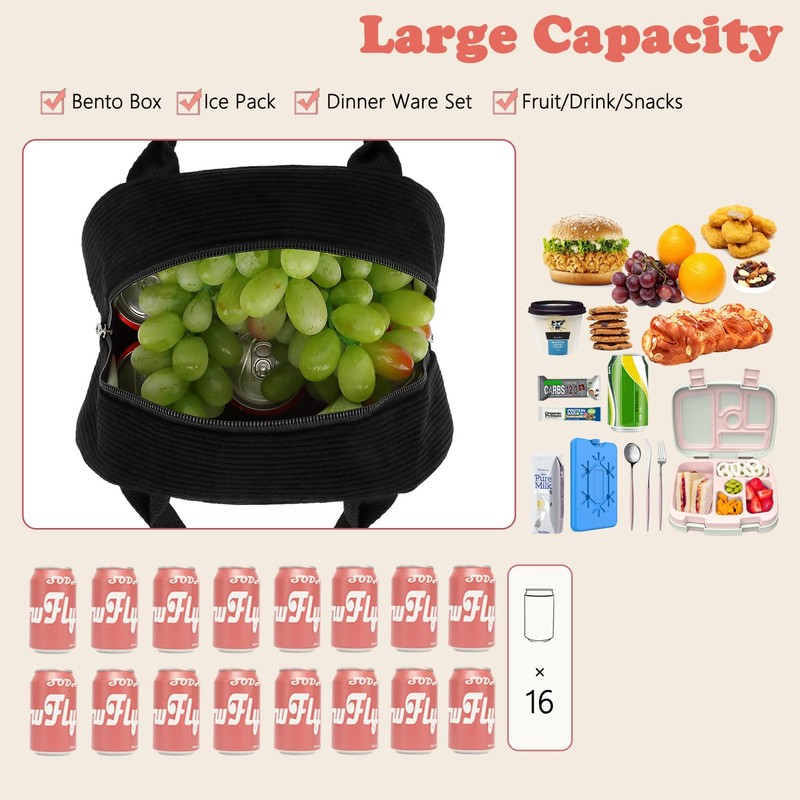 FlowFly Lunch Bag for Women Insulated Lunch Box Corduroy Lunch