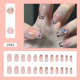 Medium Coffin Square Press on Nails Fake Nails Simple with Nude Pink Leopard Rhinestones Design False Nails French Tip Stick on Nails Full Cover Thick Glossy Acrylic Glue on Nails for Women 24Pcs Z983