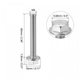 sourcing map M8x60mm Hex Serrated Flange Bolts Screws Metric Thread 304 Stainless Steel 5pcs