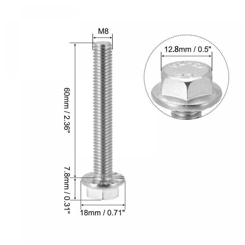 sourcing map M8x60mm Hex Serrated Flange Bolts Screws Metric Thread