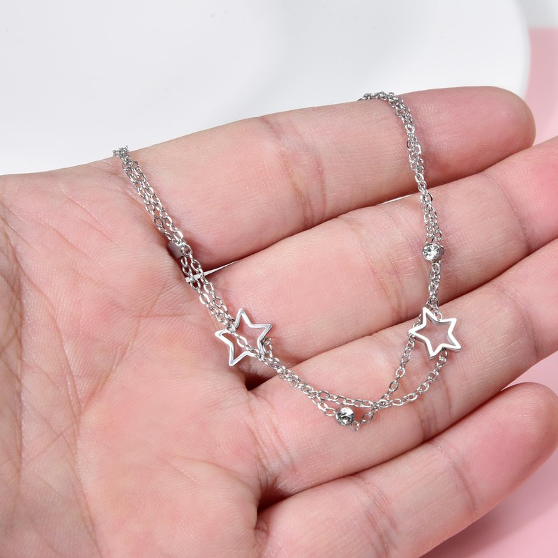 Double Layered Bracelet Star CZ Titanium Steel Adjustable Link Chain
