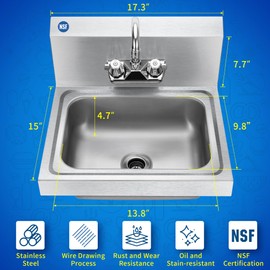 BIEAMA Stainless Steel Hand Sink, NSF Wall Mount Commercial Hand Washing Sink with Strainer and Faucet, for Home, Stores, Restaurants, Bars,17”x 15"