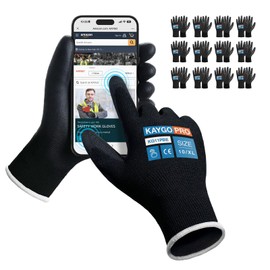 KAYGO Safety Work Gloves PU Coated for Men and Women, 12 Pairs KG11PB, Seamless Knit Glove with Two Fingers Touchscreen, breathable and lightweight Ideal for General Duty Work (XL,Black)