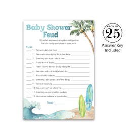 Surf Beach Theme Baby Shower FEUD Game — Pack of 25 — Fun Shower Family Feud Games, Baby on Board Baby Shower Activity, Gender Neutral Baby Shower Fued Games, Couples Shower G940-BSF