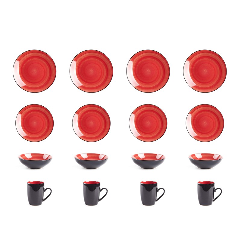 HomeVss Sonoma 16 Piece Stoneware Dinner Set Red, Outside Black