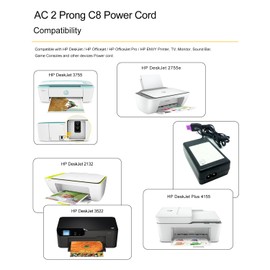 Printer Power Cord Cable for HP DeskJet Printer 3755 2652 2545 2700 2755 2755e 3526 3650 3631 3633 2132 2540 3522 3524 4155e Plus 4155 4152 HP OfficeJet Pro 8600 10 Feet 2-Prong AC Cable Replacement