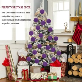 Miaikoe 16 Pcs Velvet Christmas Balls Hanging Ornaments Set, Pre-tied Shatterproof Plastic Flocked Christmas Balls Xmas Decorations Festival Holiday Party Decor (Purple,6CM)