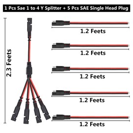 Muyimu 5 Pcs 1.2 Ft SAE 2 Pin DC Power DIY Connector Plugs & 1 Pcs 1 to 4 SAE Y Splitter Battery Extension Cable with Dust Cap (Red/Black)