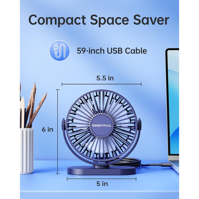 SWEETFULL USB Desk Fan Small Quiet - 3 Speeds Mini
