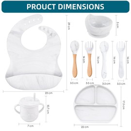 Dormlony 100% Silicone Baby Feeding Set,BPA Free Baby Dishes Set with Suction Bowl Divided Plate,Toddler Self Feeding Dish Set with Spoons Forks Sippy Cup and Bib, Baby Eating Utensils(White)