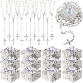 ROCEEI 24 Sets Catholic Rosary Beads Confirmation Gifts First Communion Gifts Rosary Necklace with Gift Box for Women Men Elders Prayer Christian Gifts Set(White)