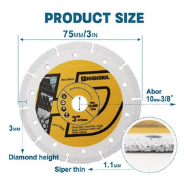 HIGHDRIL 3Pcs Diamond Cutting Wheel,3In/75mm x Arbor 3/8Inch/10mm for Metal,Rebar,Steel,Iron and INOX Cut Off Wheel